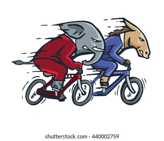 USA Democrat Vs Republican Election 2016 Cartoon -  Full Speed Bicycle Race 
