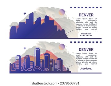 Banner de la ciudad de USA Denver con formas abstractas del paisaje urbano, monumentos y atracciones. Ilustración de vectores de viajes del estado de Colorado de EE.UU. para folletos, sitio web, página, encabezado, presentación