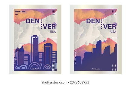 USA Denver city poster pack with abstract shapes of skyline, cityscape, landmarks and attractions. US Colorado state travel vector illustration set for brochure, website, page, business presentation