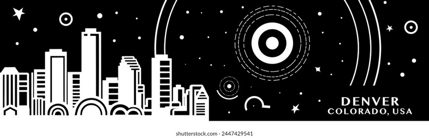 ANUNCIO vintage de la ciudad de Denver con paisaje urbano abstracto blanco y negro y horizonte. Ilustración Horizontal de Vector retro para el estado de Colorado, Estados Unidos de América