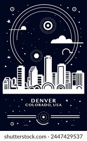 USA Denver city vintage poster with abstract cityscape and skyline. Retro vector black and white illustration for Colorado state town, United States of America