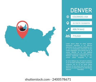 USA Denver map shape vector infographics template. Modern United States of America, Colorado state city data statistic illustration, graphic, layout
