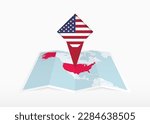 USA is depicted on a folded paper map and pinned location marker with flag of USA. Folded vector map.
