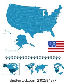 USA - detailed blue country map with cities, regions, location on world map and globe. Infographic icons. Vector illustration