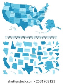 EUA - mapa detalhado do país em cores azuis, dividido em regiões. Ícones infográficos. Ilustração vetorial.