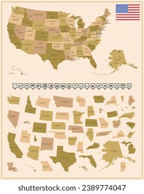 USA - detailed map of the country in brown colors, divided into regions. Vector illustration