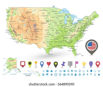 USA detailed physical map and navigation icons with water objects and cities.