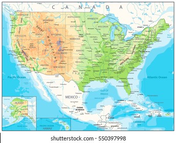 USA detailed physical map with roads, railroads, water objects, cities and capitals.