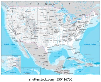 USA detailed physical map with water objects, cities and capitals.