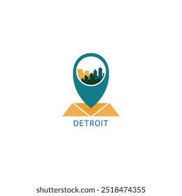 USA Detroit city map pin point geolocation modern skyline pointer vector logo icon isolated illustration. US Michigan state pointer emblem with landmarks and building silhouettes