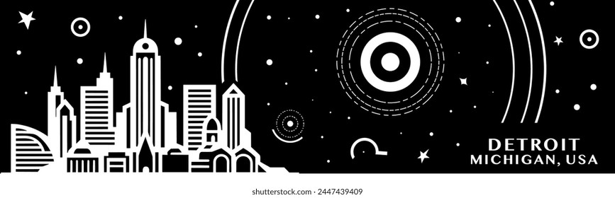 USA Detroit city vintage banner with abstract black and white cityscape and skyline. Retro vector horizontal illustration for Michigan state, United States of America