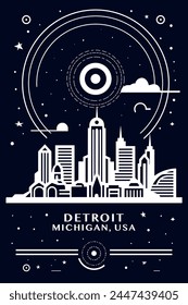 USA Detroit city vintage poster with abstract cityscape and skyline. Retro vector black and white illustration for Michigan state town, United States of America