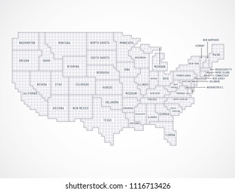 USA digital descriptive map with borders between confederation states