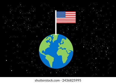 Estados Unidos como superpotencia dominante y global, hegemonía y gobernante en el planeta Tierra y el Mundo. Dominación, dominación, supremacía, ascendiente. Planeta y bandera nacional. Ilustración vectorial.