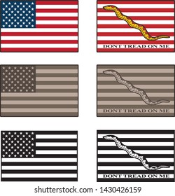USA and Dont Tread On Me flag isolated vector illustration set in full color, desert camouflage tones, and black   svg