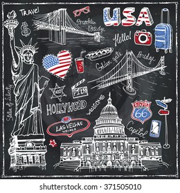 USA Doodle set.American travel symbols.Hand drawn sketch.Vector icons,sign of landmark,lettering.Vintage Illustration,background.Golden gate bridge,Statue Of Liberty,Capitol,Brooklyn bridge.Chalkboard