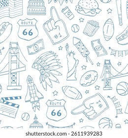 USA doodles seamless pattern, American cartoon elements for wallpaper, wrapping paper, backgrounds, packaging, textile prints, stationery. National holidays theme. EPS 10