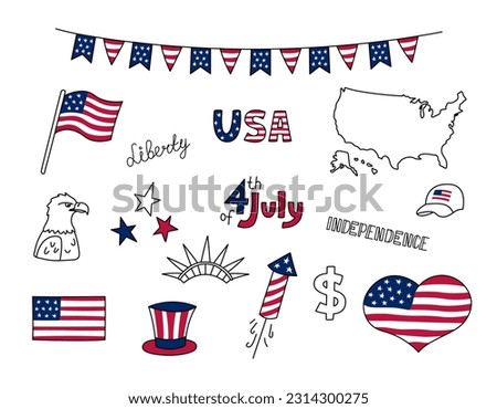 USA doodles set. United States of America vector design elements isolated on white background. Collection of US national symbols. Independence Day. American flag, liberty statue, July 4, eagle.