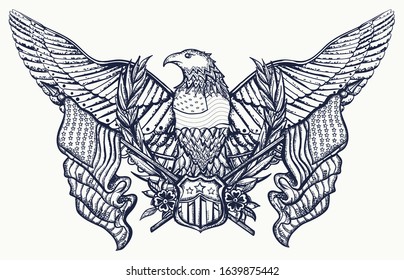 USA eagle and crossed American flags. Patriotic art. United states concept. Tattoo and t-shirt design 