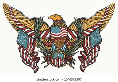 USA eagle and crossed American flags. Tattoo and t-shirt design. Patriotic art. United states concept 