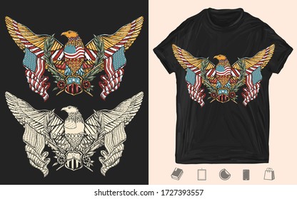 USA eagle and crossed American flags. Patriotic art. United states concept. Creative print for dark clothes. T-shirt design. Template for posters, textiles, apparels 