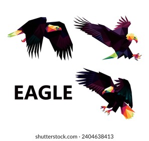 USA Eagle Logo in Colorful Polygonal. Colorful Eagle Abstract Set. Collection of Bald Eagle Low Poly Logo