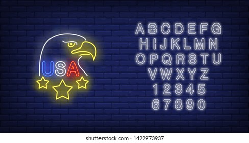 USA eagle neon sign. Stars, national emblem, 4th of July holiday. Vector illustration in neon style for festive independence day banners, light billboards, flyers