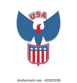 USA eagle Shield. Birds of prey in colors of American flag. Falcon sits on arms