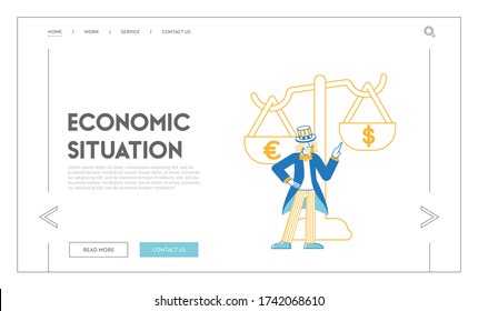 Usa Economics, Banking System Landing Page Template. George Washington Character In Vintage American Costume And Top Hat At Huge Scales With Dollar And Euro Currency. Linear Vector Illustration