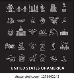 Usa editable line icons vector set on black background. Usa white outline illustrations, signs, symbols