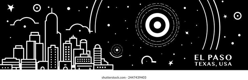 USA El Paso city vintage banner with abstract black and white cityscape and skyline. Retro vector horizontal illustration for Texas state, United States of America