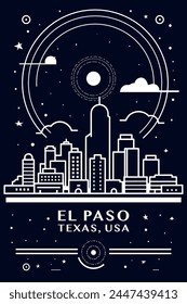 USA El Paso city vintage poster with abstract cityscape and skyline. Retro vector black and white illustration for Texas state town, United States of America