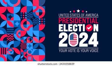 USA Election 2024 geometric shape pattern background design template. USA flag 2024 presidential election banner design. US presidential election voting poster. November 5 Vote day banner. vector