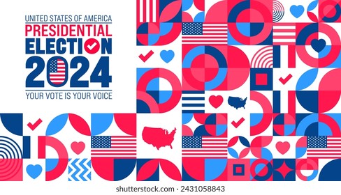 USA Election 2024 geometric shape pattern background design template. USA flag 2024 presidential election banner design. US presidential election voting poster. November 5 Vote day banner. vector