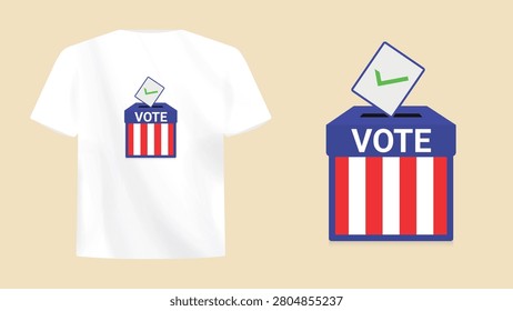 USA election ballot box with vote checkmark t-shirt print design template. Clean flat style concept for American presidential elections, democracy, and civic duty apparel