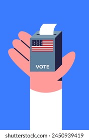 USA Election Day 2024. Voters vote at the polling station. Human arm place paper ballots in the ballot box. Flat vector illustration.