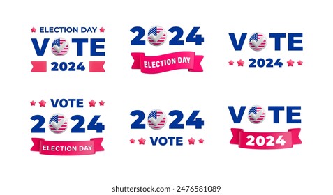 USA Election Day sign set. Vote 2024 symbol isolated on white background. Realistic vector 3d voting badge with American flag, ribbon, star. US 2024 politic presidential election campaign 3d concept