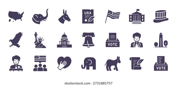 USA Election Icons Vector Set - Patriotische politische Symbole, Abstimmung, Regierung und Demokratie. Piktogramme von amerikanischen Wahrzeichen, Flagge, Adler, Wahlurne, Wahlsymbole und Kampagne.