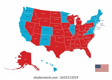 Mapa da eleição dos EUA. Mapa da votação dos EUA. Eleição presidencial de 2024. Voto, eleições para o Presidente dos EUA. Infográfico design, mapa dos EUA com nome dos estados, Democrata, Republicano Estados dos EUA. Ilustração. 