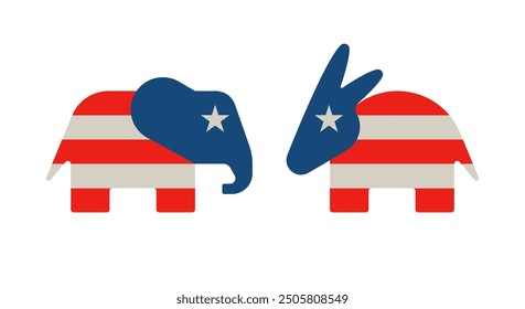 Elecciones en Estados Unidos. Elefante republicano, burro demócrata. Símbolos emblemáticos de Estados Unidos, los partidos republicano y demócrata firman. Identidad política americana, burro, logo de elefante. Ilustración vectorial.