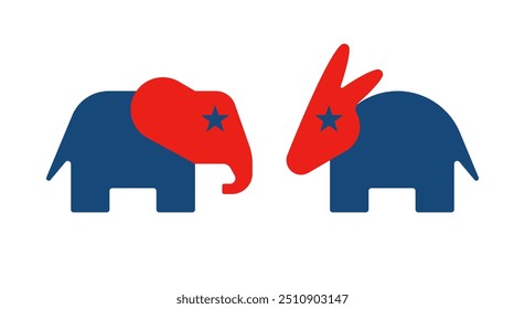 Eleições nos EUA. Elefante republicano, burro democrata. Símbolos icônicos dos partidos dos EUA, Republicano e Democrata assinam. Identidade política americana, burro, logo do elefante. Ilustração de vetor.