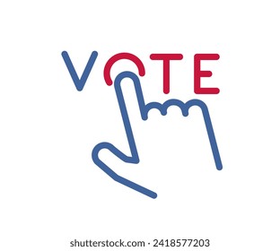 USA election voting vector icon. Hand pointing to 'O' in 'VOTE' with thin line design, in red and  blue colors, symbolizing American voting