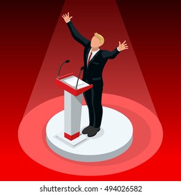 Usa Election winner Trump President infographic. Republican party winner candidate convention Trump president vector icon. Isolated winner victory concept Trump tribune president pedestal illustration