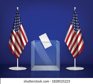 Elecciones en Estados Unidos composición realista con imágenes de urnas transparentes entre banderas norteamericanas en ilustración vectorial de fondo azul