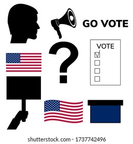 USA elections set: ballot paper, viece, megaphone, candidate, President, flag, America, question mark, go to the polls text, vote, hand with poster, call to vote. Vector