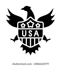 USA emblem icon. American eagle with wings spread, shield with stars and stripes, text USA. National symbol and patriotism concept.