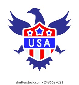 USA emblem icon. American eagle with wings spread, shield with stars and stripes, text USA. National symbol and patriotism concept.