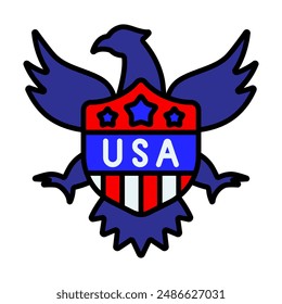 USA emblem icon. American eagle with wings spread, shield with stars and stripes, text USA. National symbol and patriotism concept.