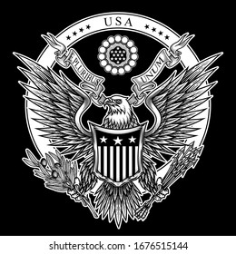 USA emblem. Vector illustration of bald eagle with shield, arrows, ribbon and olive branch in engraving technique. Isolated on black.