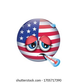 USA emoji - sick emoticon with thermometer - isolated vector illustration
